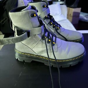 Dr. Martens Light Gray Combat Boots with Yellow Accents